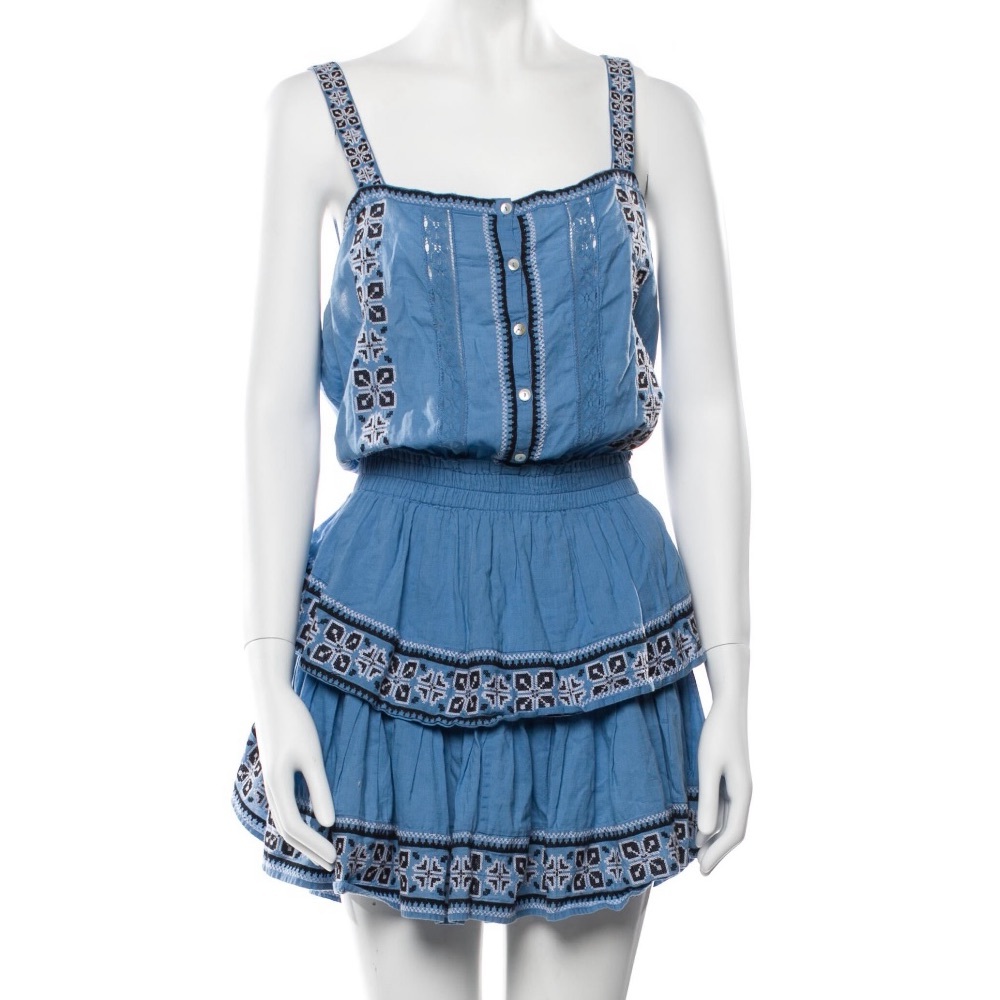 LoveShackFancy Square Neckline Blue Mini Dress